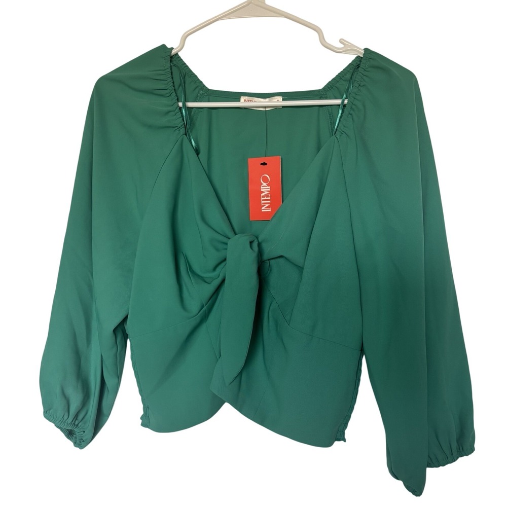 Intempo Womens Green Long Sleeve Front Tie V-Neck Smocked Back Blouse Size M NWT